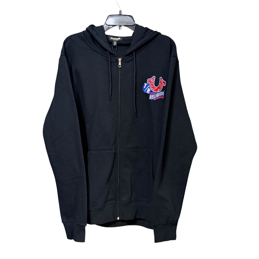 True Religion Mens Black Graphic Patch Full Zip Hoodie Sweatshirt XL World Tour